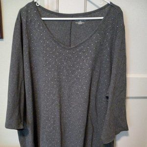 Catherine's Gray  ¾ Sleeve knit Top V-Neck Tee Tunic 26/28 26W 28W Cotton BLING!